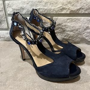 Antonio Melani Navy Blue Heels with Jeweled Ankle straps. 4”heels. Size 7.5